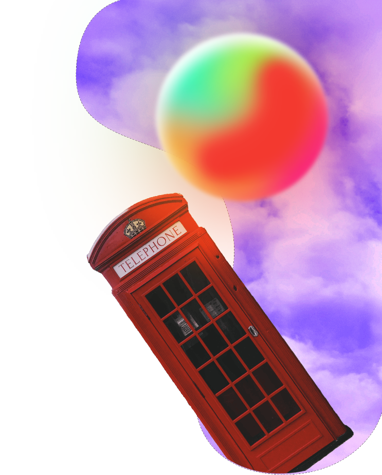 English red telephone booth in a portal with a sky fill